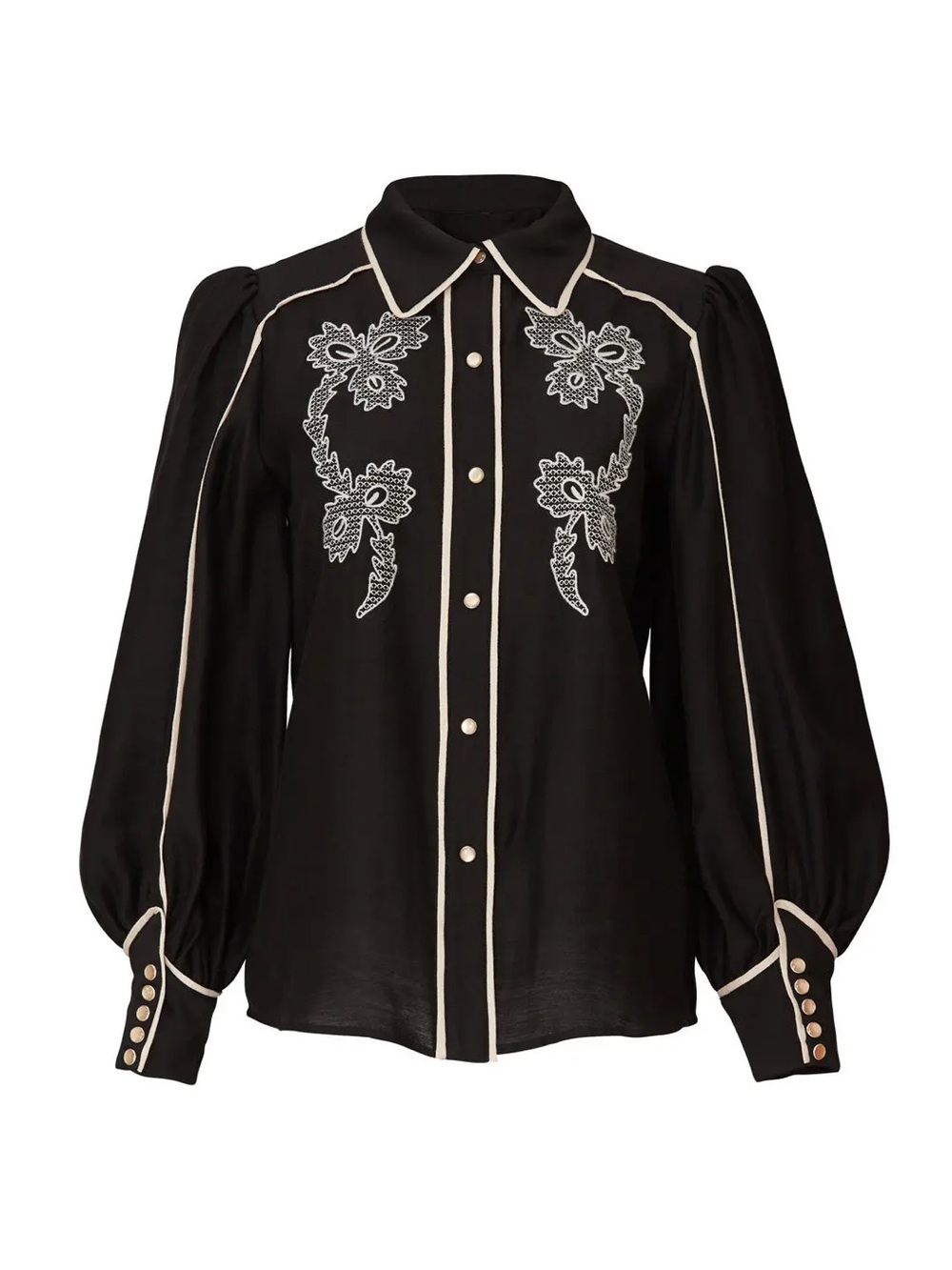 C/MEO Collective Black Blouse with Cream Piping and Embroidered Floral Panels